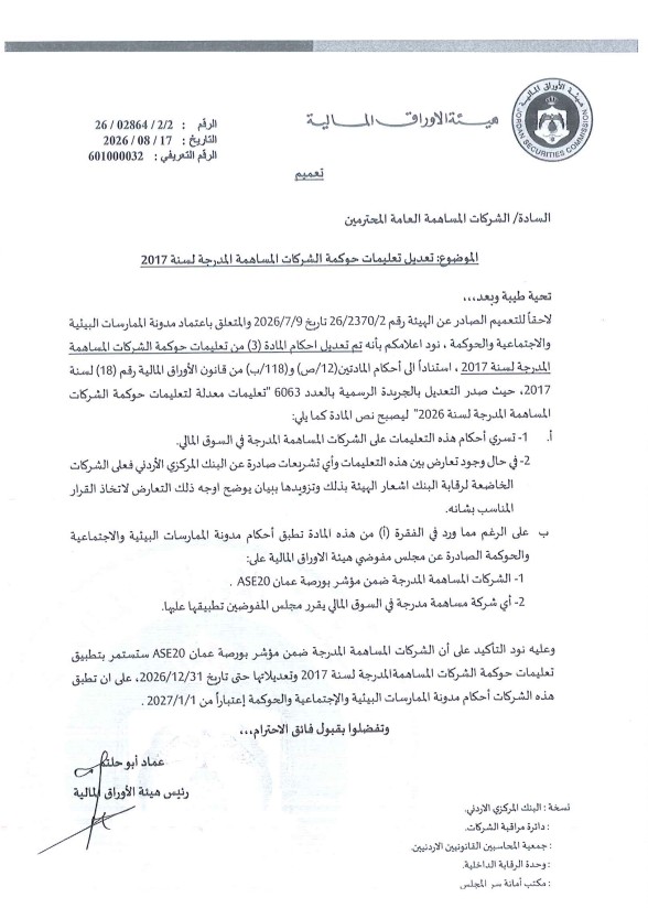 تعديل تعليمات حوكمة الشركات المساهمة المدرجة لسنة 2017